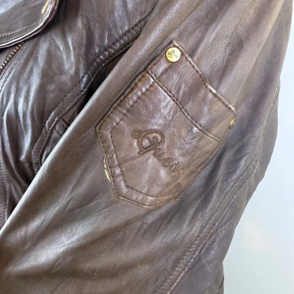 Y2K Guess Womens Brown Real Leather Moto Jacket Gold Zip & Snaps Pocket Size LG